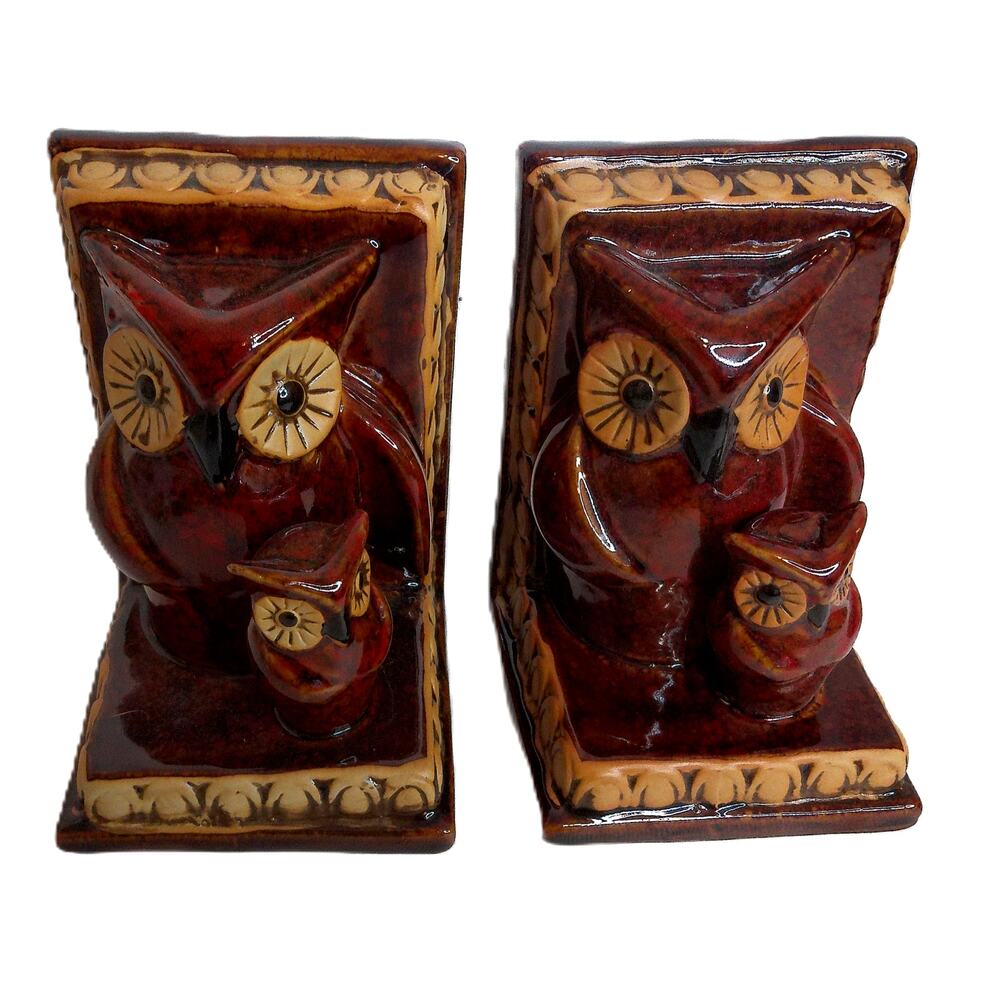 Owl Bookends Set Ceramic Brown Glazed Boho Style Heavy Bookshelf Office Decor